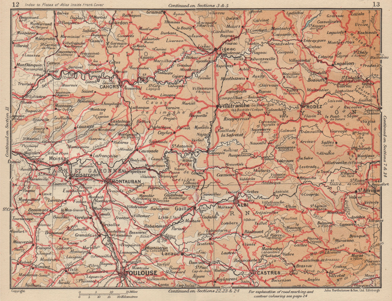 MIDI-PYRÉNÉES.Toulouse Montauban Rodez Castres Albi Cahors.Lot Aveyron 1954 map